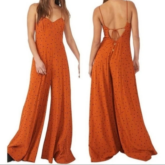 Free People Jamboree Jumpsuit Rust Combo Polka Dot Strappy Wide Leg xsmall - Picture 14 of 16